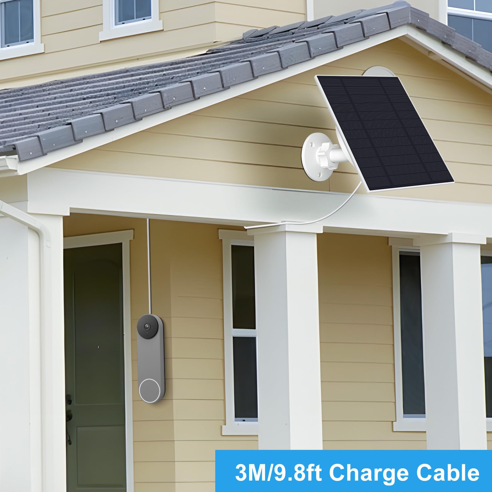5W Solar Panel Charger for Google Nest Doorbell - IP66 Waterproof with 9.8ft Cable & 360° Adjustable Mount | U-Shape Port | Perfect for Outdoor Security Camera Continuous Power Supply