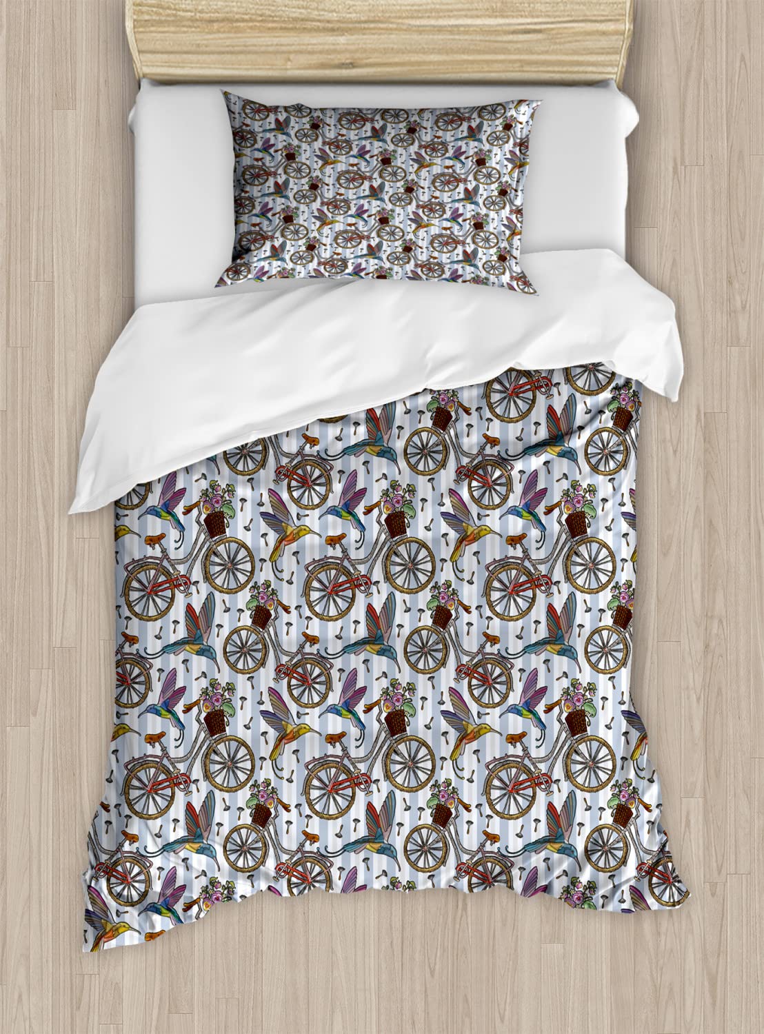 Ambesonne Vintage Bicycle Duvet Cover Set - Floral Summer Bicycle Design with Colorful Hummingbirds, 2-Piece King Size Bedding Set Includes 2 Duvet Covers & 4 Pillowcases - Perfect for Bohemian Bedroom Decor, Guest Room Makeover or Cycling Enthusiast's Home