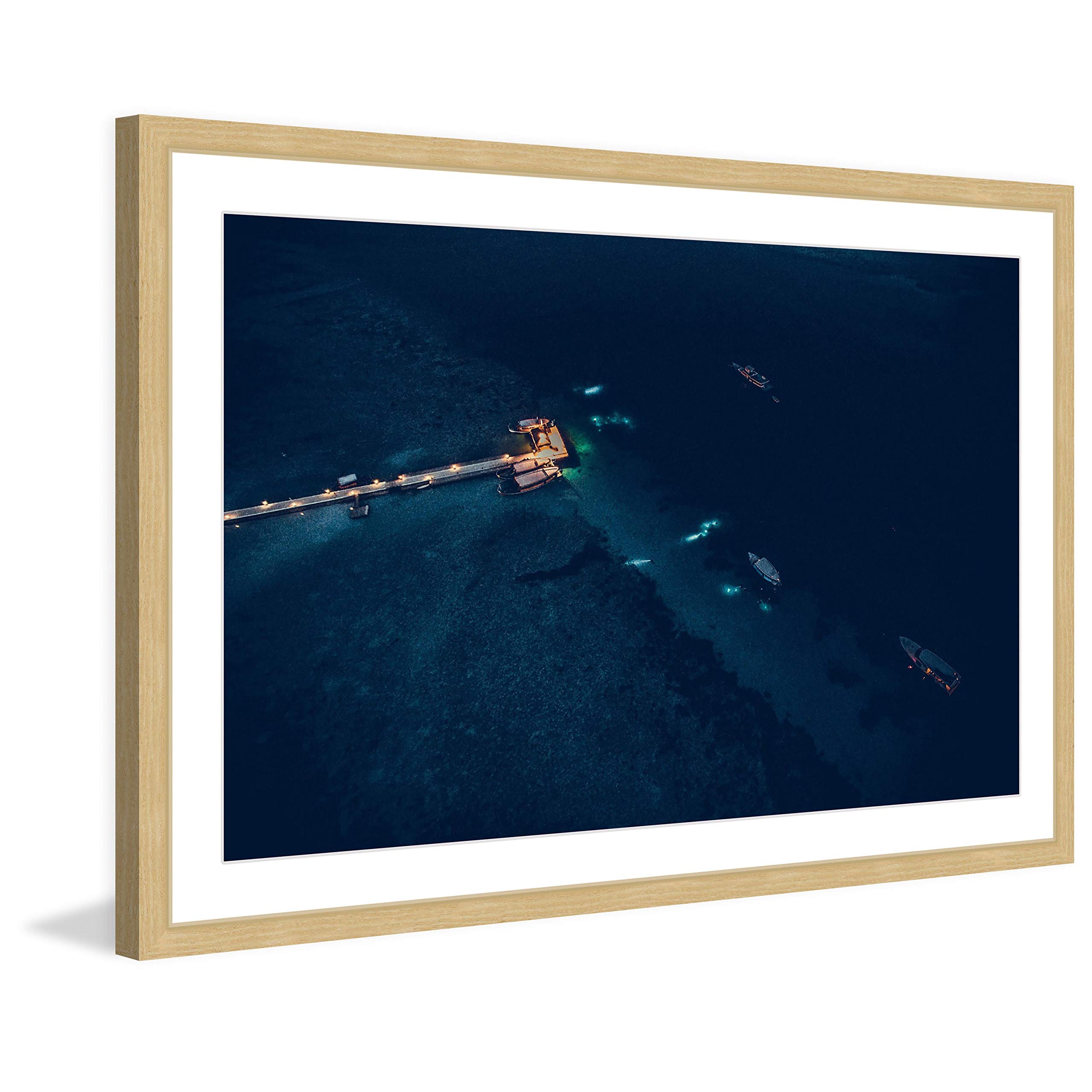 Marmont Hill Handmade Dock at Night Framed Print 30x20 - Coastal Wall Art for Living Room, Bedroom & Office Decor