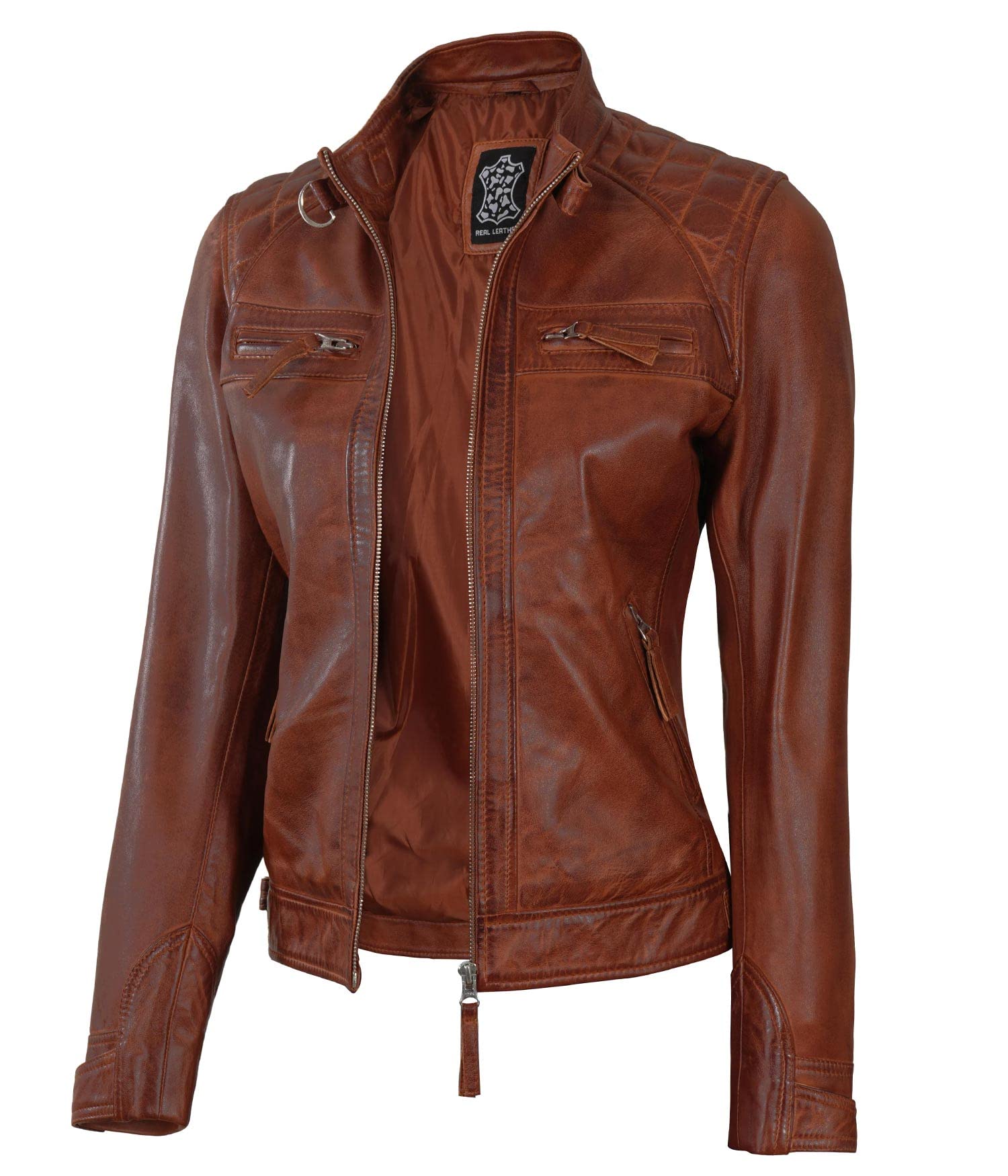 Genuine Leather Motorcycle Jacket for Women - Cafe Racer Style with Natural Grain & Stand Collar | Perfect for Riding, Casual Wear & Outdoor Adventures