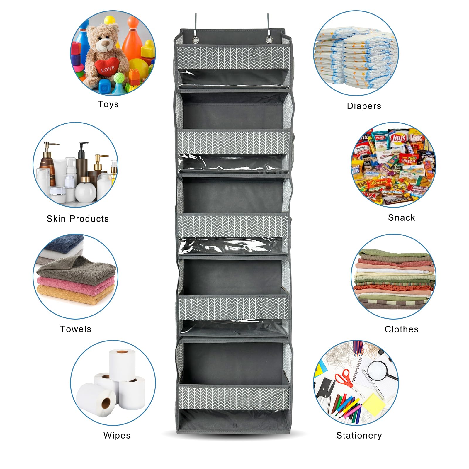 VERONLY Over The Door Organizer - Large Hanging Storage with 5 Big Pockets & 10 Side Pockets for Bedroom, Bathroom, Closet, Dorm - Space Saving Grey Organizer for Shoes, Toys, Towels & More