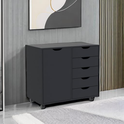 Naomi Home 5-Drawer Dresser with Wheels - Tall Bedroom Storage Cabinet with Shelves, 180 lbs Capacity - Black Small Dresser for Closet, Makeup Vanity & Bedroom Organization