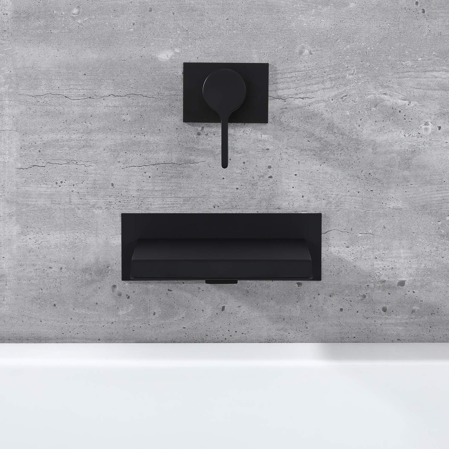 Black Wall Mount Bathtub Faucet with Waterfall Spout - Single Handle High Flow Rough-in Valve - Perfect for Modern Bathroom & Spa Retreats