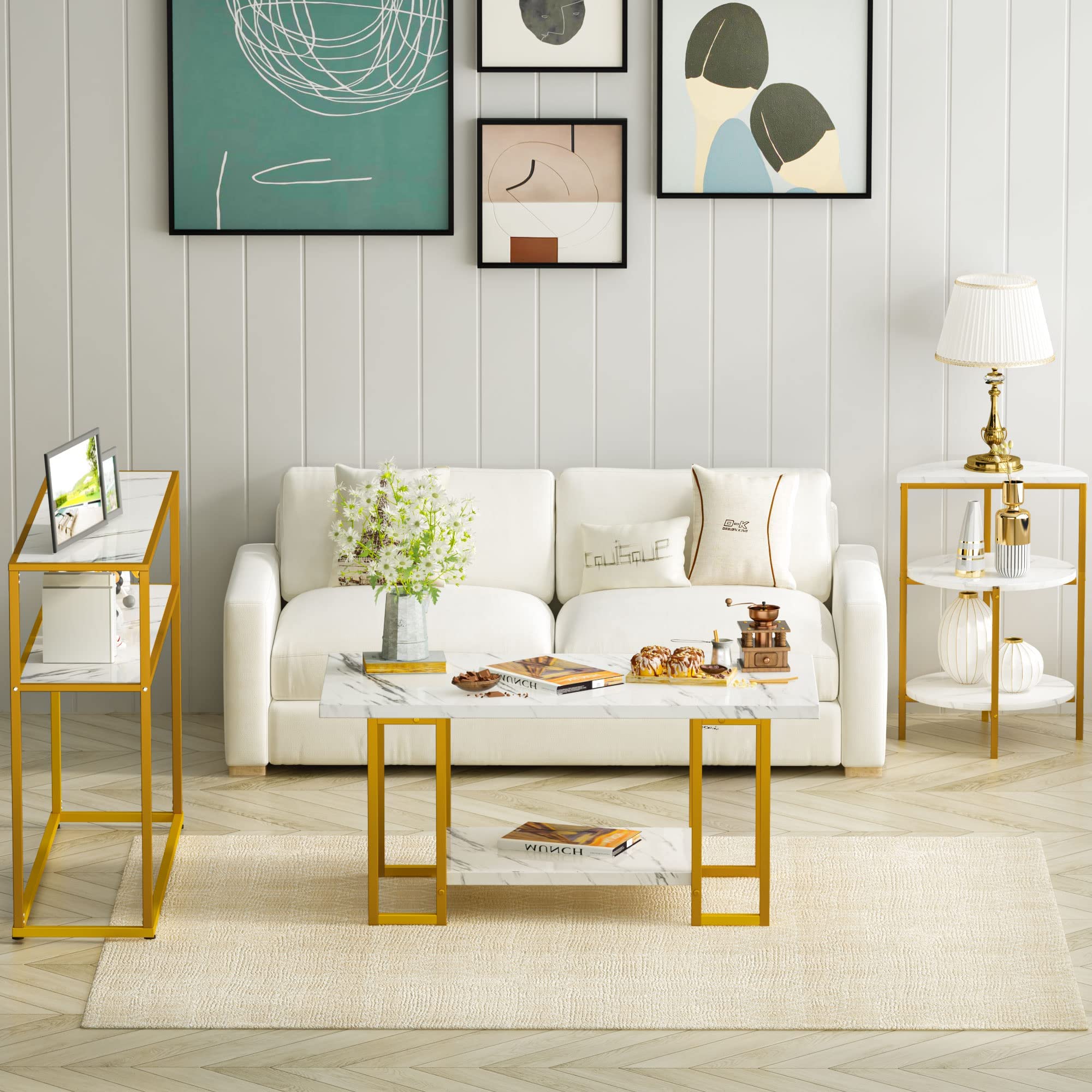 MIERES 3-Piece Faux Marble Coffee Table Set - Modern Living Room Furniture with Semicircle End Table & Sofa Side Console Table, Storage Shelves & Sturdy Metal Frame, White & Gold - Perfect for Small Spaces, Apartments & Cozy Home Decor