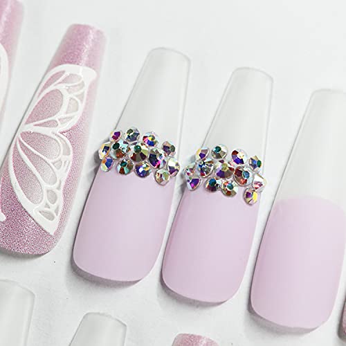 30 PCS Long Coffin Press on Nails - French Matte False Nails with Rhinestones & 3D Butterfly Designs | Full Cover Stick on Nails for Women & Girls (Purple) | Perfect for Parties, Weddings, and Special Occasions