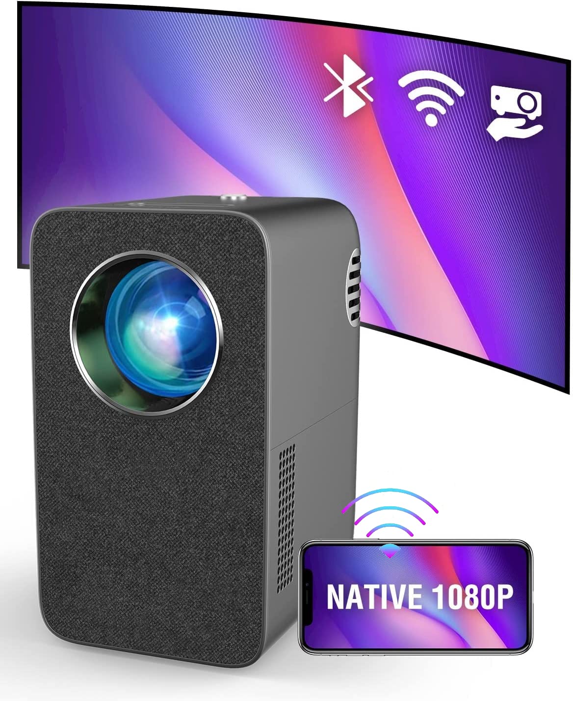 Portable WiFi Native 1080p Projector - Mini Home Theater Movie Projector with Wireless Mirroring, Airplay/Miracast/iOS Support, Built-in Bluetooth Speaker for PS5/Xbox/TV Stick - Perfect for Movie Nights, Gaming & Outdoor Entertainment