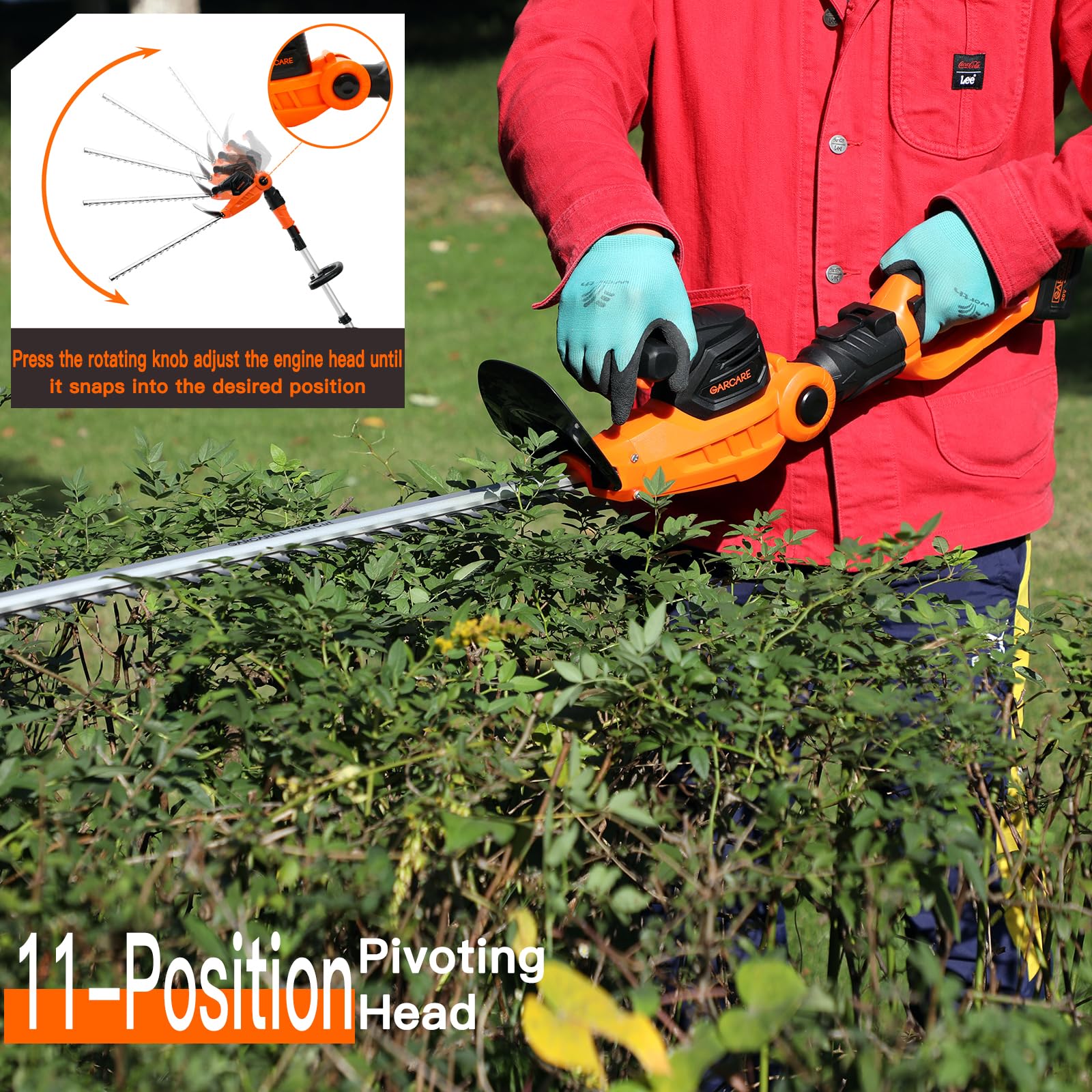 GARCARE 20V Cordless 2-in-1 Pole Hedge Trimmer with 4.0Ah Battery & Quick Charger - 20 Inch Cutting Blade, 7/10 Inch Cutting Capacity - Perfect for Tall Hedges, Tree Branches & Garden Maintenance