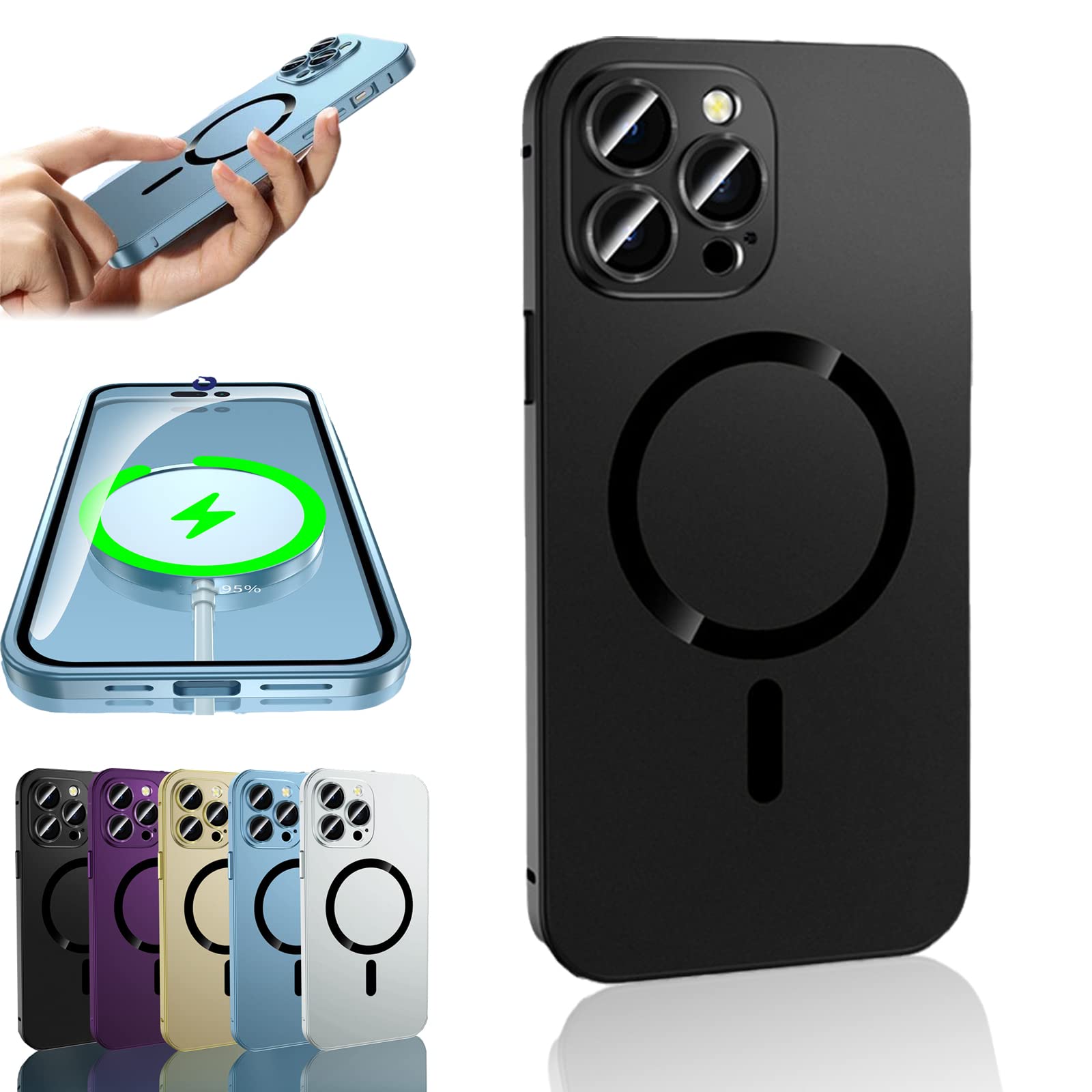 Premium Magnetic Aluminum Bumper Case for iPhone 14 Pro Max/14 Pro/14/14 Plus/13 Pro Max/13 Pro/13/12 Pro Max/12 Pro/12 - Matte Finish, Wireless Charging Compatible - Perfect for Work, Travel & Everyday Protection
