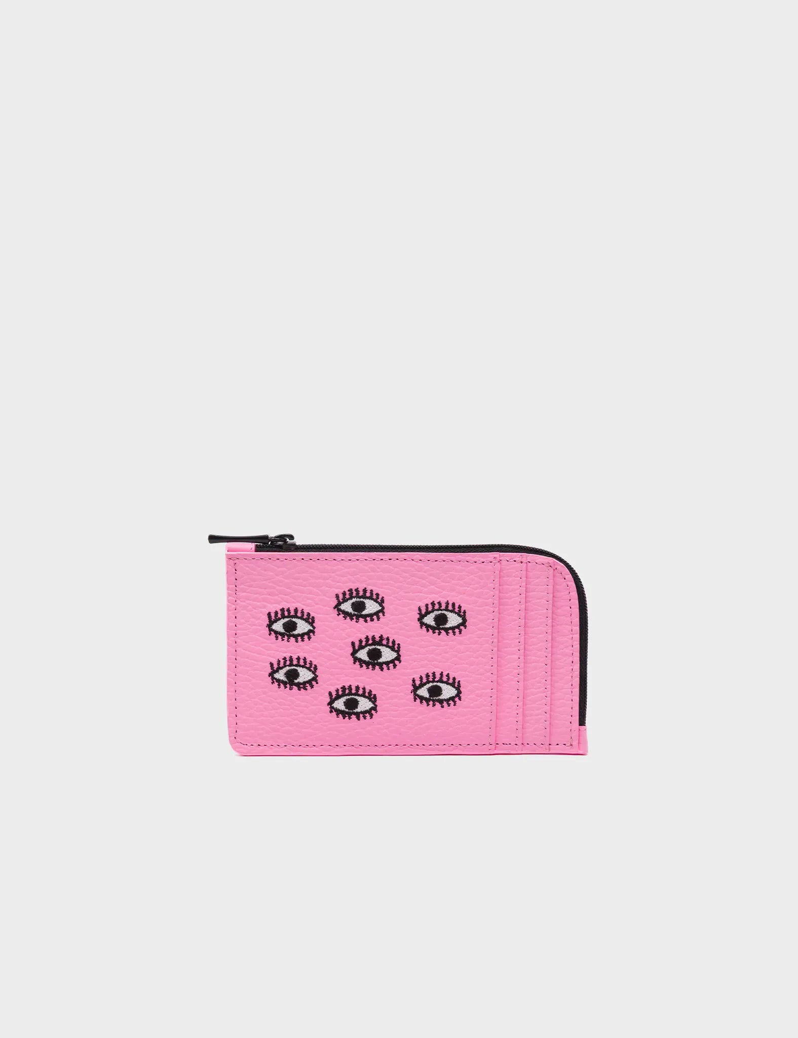 Fausto Soft Neon Pink Leather Zip Around Cardholder with All Over Eyes Embroidery - Stylish Wallet for Women, Perfect for Parties, Travel & Everyday Use