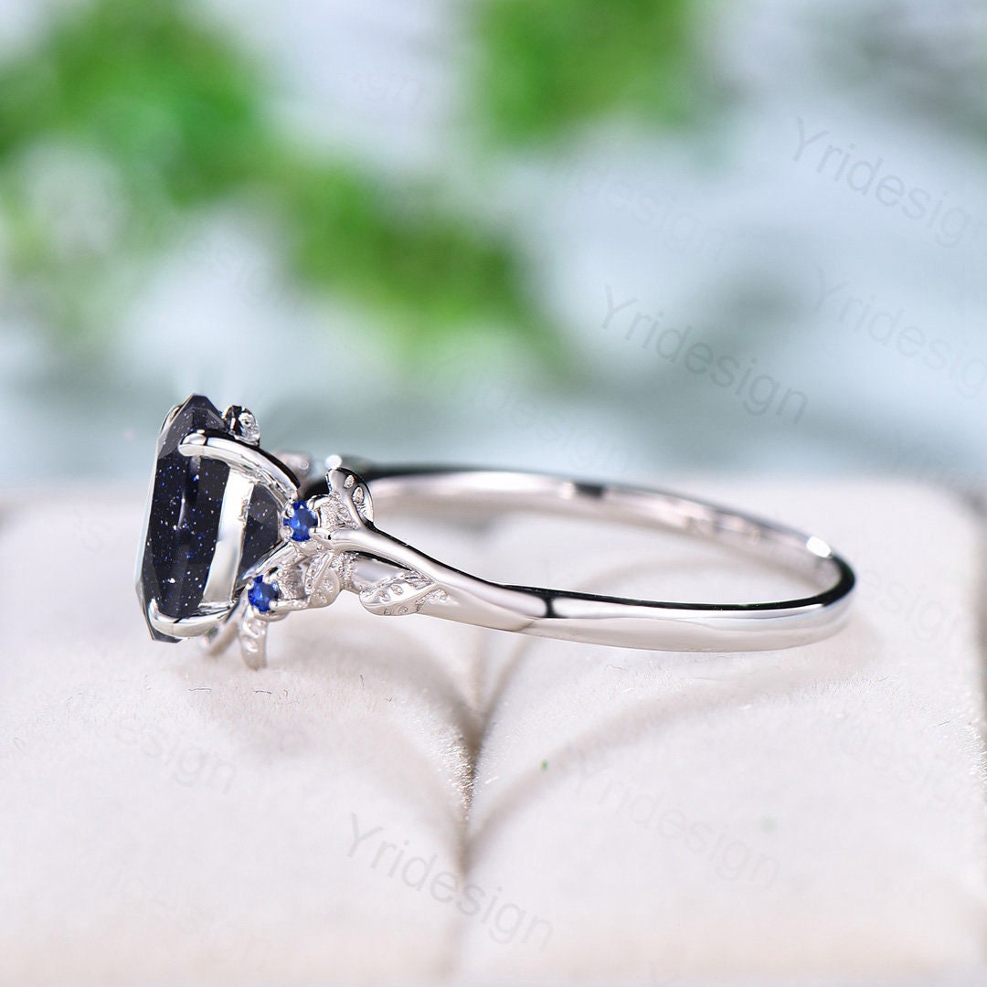 1.5CT Oval Star Blue Sandstone Ring - Galaxy Blue Crystal Cluster Sapphire Engagement Ring for Women - Nature Inspired Leaf Design Platinum Wedding Band - Perfect for Proposals, Anniversaries & Special Occasions