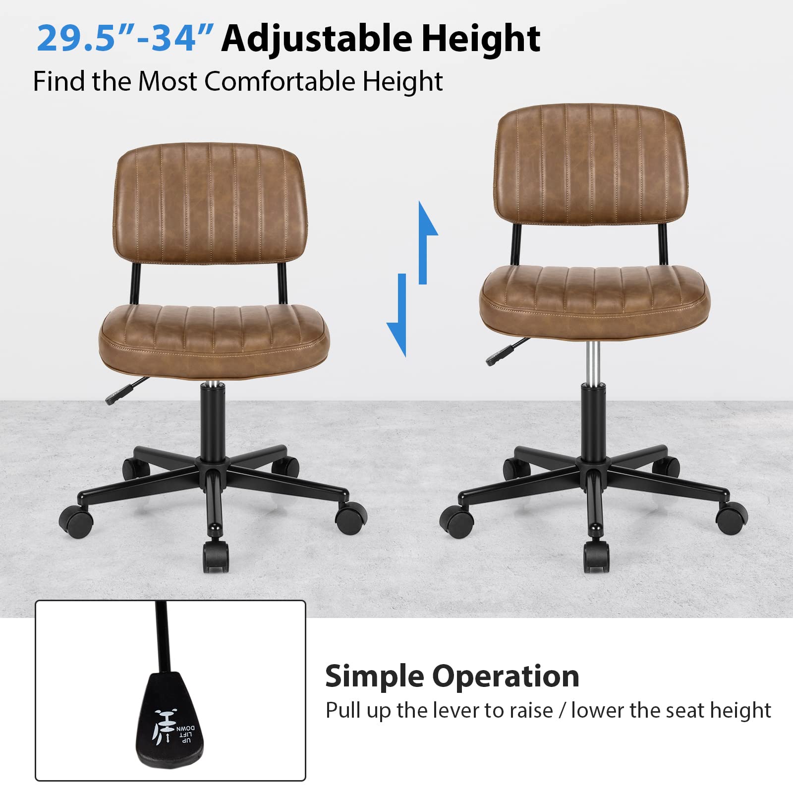 COSTWAY Armless Desk Chair with Wheels - PU Leather Low Back Computer Task Chair with Lumbar Support, Height Adjustable Rolling Office Chair for Home, Kids, Teens & Adults (Brown) - Perfect for Study, Work & Gaming