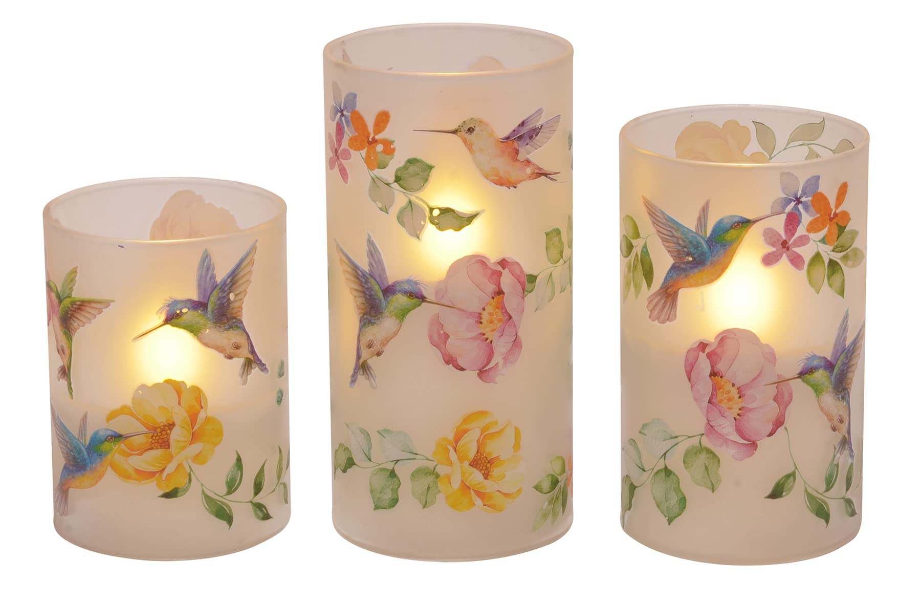 Flameless LED Glass Pillar Candles Set of 3 - 6 Inch Hummingbird & Floral Design by Mark Feldstein - Battery Operated Decorative Candles for Home Decor, Wedding Centerpieces & Romantic Ambiance