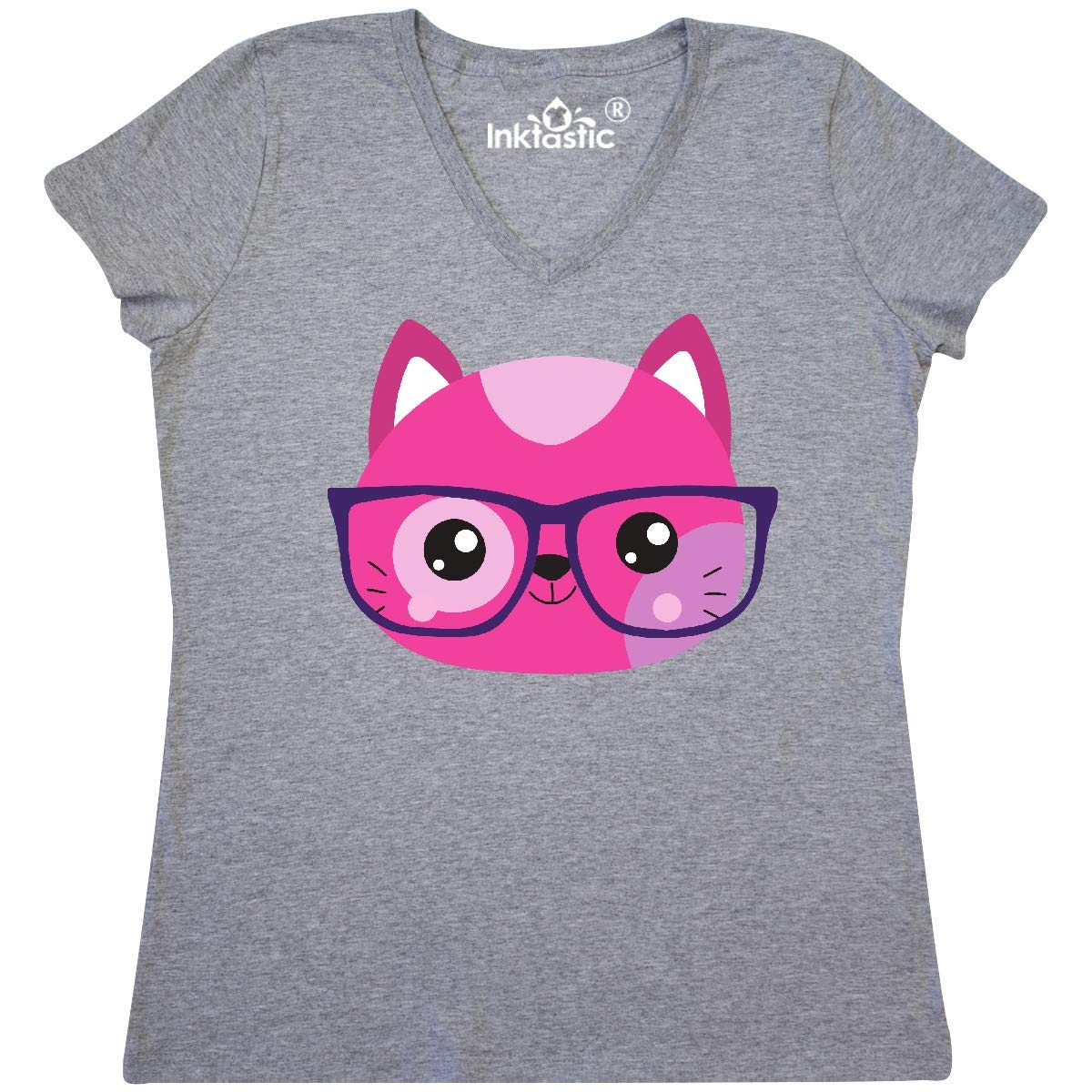 Hipster Cat with Glasses Women's V-Neck T-Shirt - Cute Little Cat Graphic Tee for Casual Wear & Cat Lovers