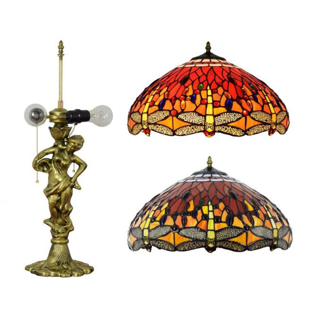 European Retro Pastoral Dragonfly Tiffany Style Table Lamp - 17.7 Inch Handmade Stained Glass Desk Light for Reading, Living Room, Bedroom & Bedside - Warm Red Ambient Lighting (Perfect for Cozy Evenings & Home Office Decor)