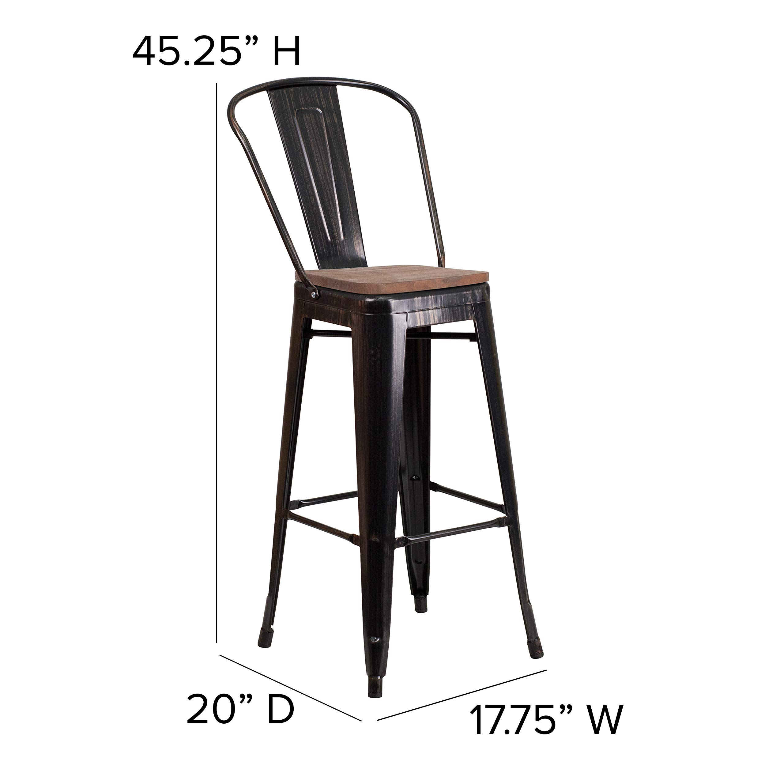 EMMA + OLIVER 30 Inch Black and Antique Gold Metal Bar Stool with Backrest and Wooden Seat - Perfect for Kitchen Islands, Home Bars, and Dining Counter Height Tables