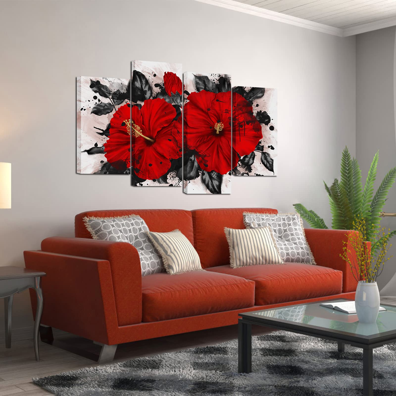 Vibrant Hibiscus Flower Canvas Wall Art - Tropical Hawaiian Red Floral Painting for Bathroom, Living Room & Bedroom Decor - Framed Ready-to-Hang Home Décor | Perfect for Beach House, Boho Style & Tropical Theme Interiors