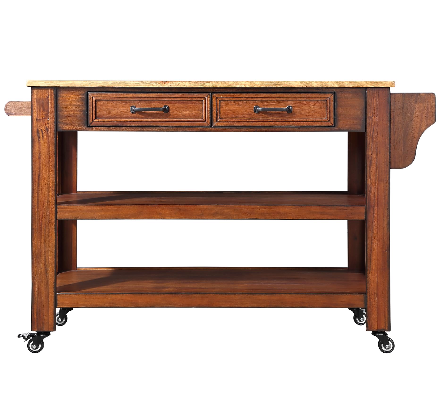 57 Inch Solid Oak Wood Kitchen Island Cart with 2 Drawers & Storage Shelves - Rolling Kitchen Cart with Wine Rack & Spice Organizer - Perfect for Small Kitchens, Dining Rooms & Home Bars (Walnut Finish)