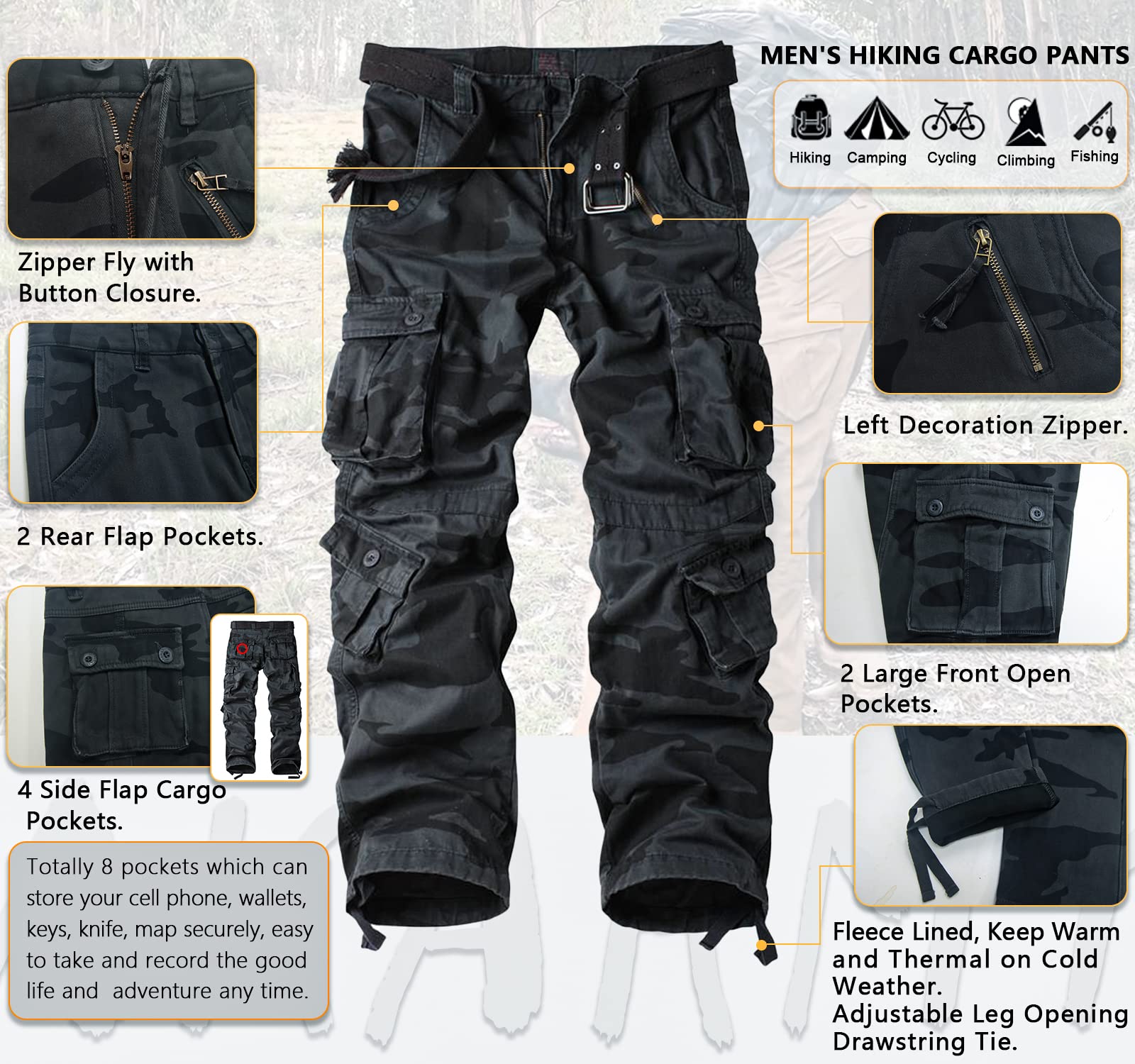 AKARMY Men's Fleece Lined Hiking Pants - Waterproof Outdoor Cargo Pants with 8 Pockets for Hiking, Camping & Winter Sports | Comfortable Work & Ski Pants for Cold Weather Activities