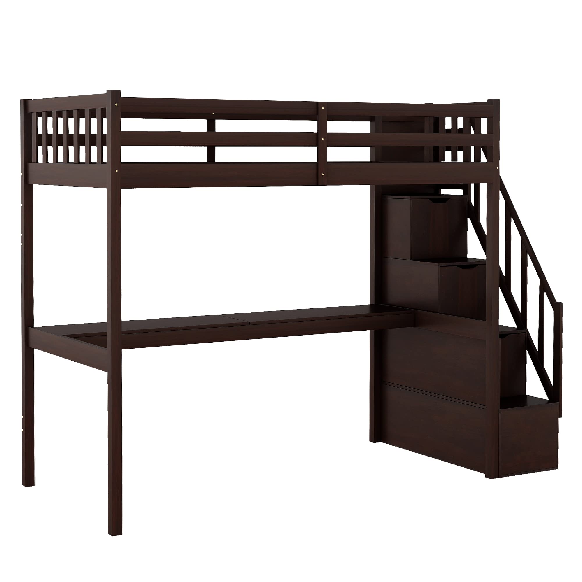 Twin Size Loft Bed with Long Desk & Stairway - High Loft Bed for Kids & Teens with Storage Steps - Espresso Wood Finish - Perfect for Small Bedrooms, Dorm Rooms & Kids' Study Spaces