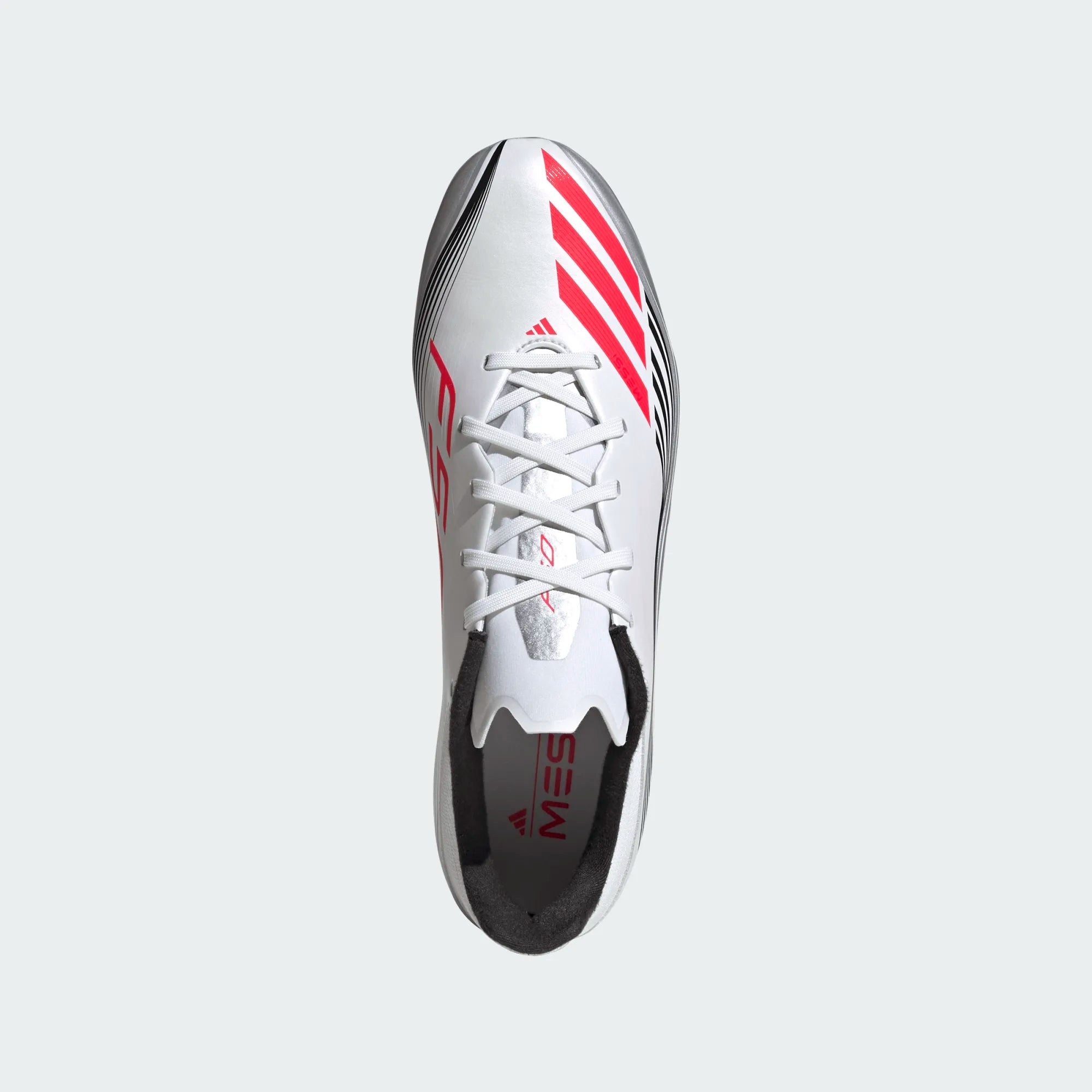 adidas F50 Messi League FG/MG Soccer Cleats - White/Lucid Red/Silver Metallic | Lightweight Football Shoes for Men | Perfect for Turf & Artificial Grass Fields
