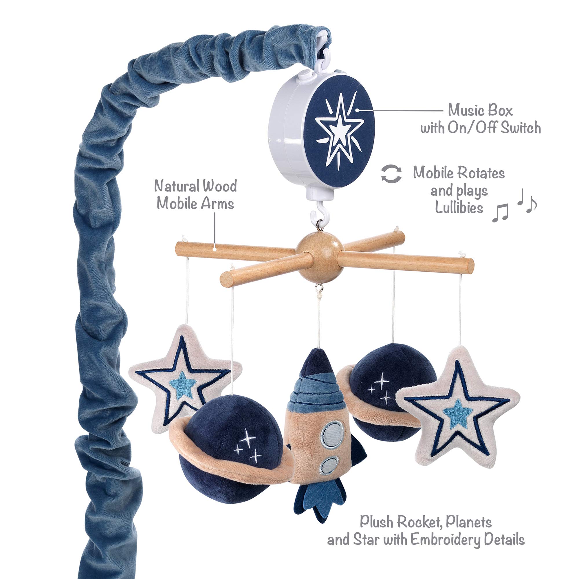 Lambs & Ivy Sky Rocket Planets and Stars Musical Baby Crib Mobile Soother Toy - Blue | Calming Nursery Decor for Newborns & Infants | Perfect Baby Shower Gift