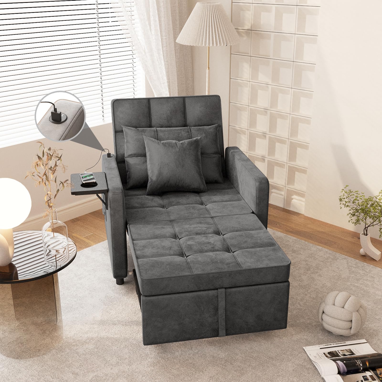 3-in-1 Convertible Velvet Sofa Bed Chair with Wing Table & USB Ports - Adjustable Backrest Sleeper Couch with 2 Pillows - Dark Grey for Living Room, Bedroom & Small Space