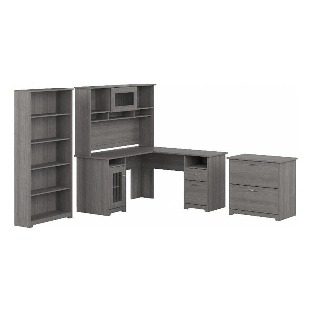 Modern Gray L-Shaped Desk with Hutch & Storage - Engineered Wood Home Office Desk for Small Spaces, Gaming & Study | Pemberly Row