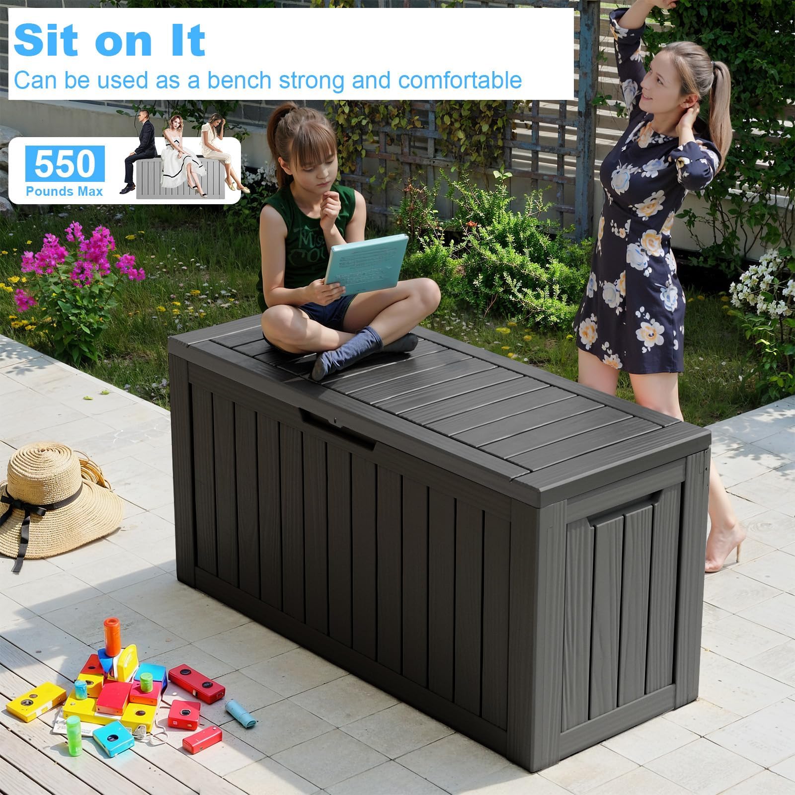 80 Gallon Resin Deck Storage Box - Waterproof, UV-Resistant & Lockable Outdoor Container for Patio Furniture Cushions, Pool Supplies, Garden Tools & Sports Equipment - Perfect for Backyard, Poolside & Garage Organization