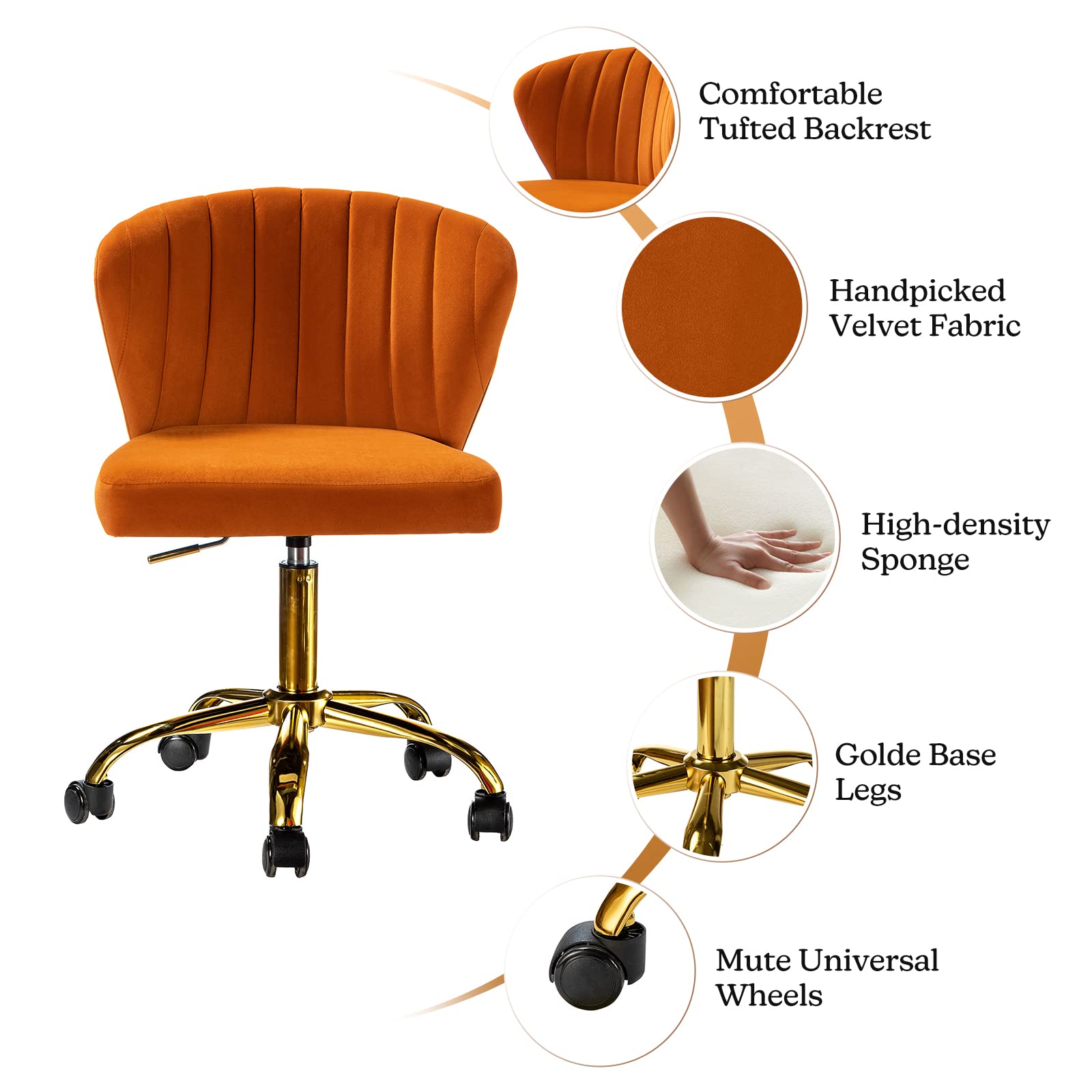 Modern Velvet Armless Office Chair with Wheels & Gold Base - Adjustable Low Back Swivel Rolling Task Chair for Home Office, Living Room, Vanity or Study - Soft Upholstered Desk Chair in Stylish Orange