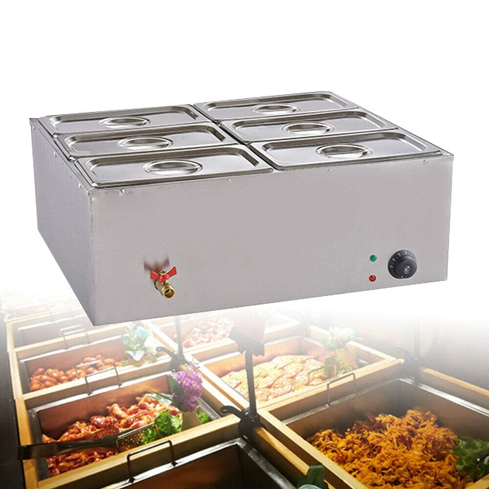6-Pots Commercial Food Warmer 110V Electric Buffet Hot Plate - Stainless Steel Bain Marie with Lid for Catering, Restaurants & Outdoor Events - Perfect for Buffet Serving, Party Catering and Food Warming Stations