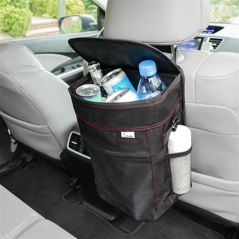EcoNour Waterproof Hanging Car Trash Can with Lid & Storage Pockets - Removable Inner Bag for Easy Cleaning - Perfect for SUVs, Trucks, Vans & Road Trips | Keep Your Vehicle Clean & Organized | Black