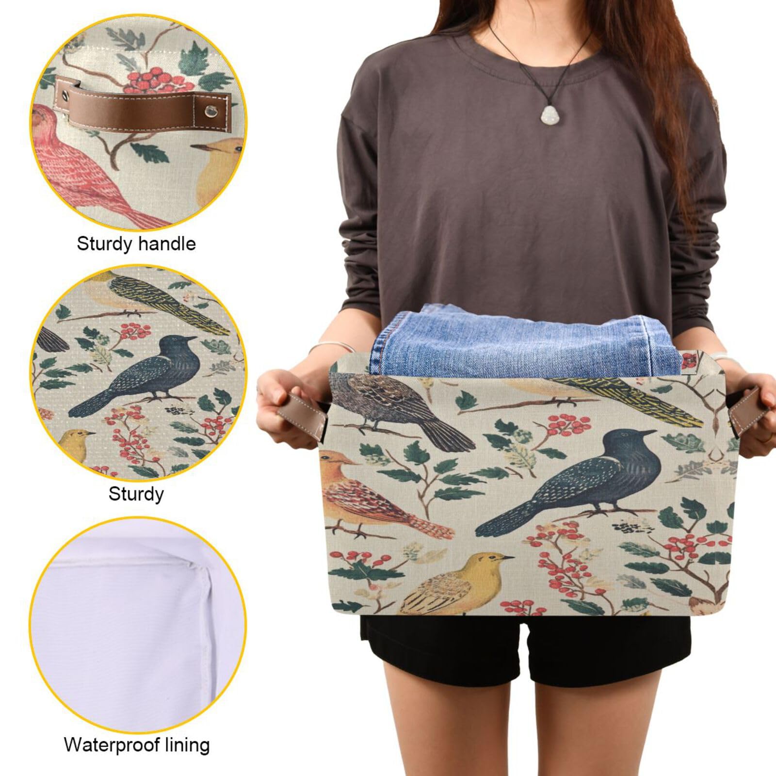Large Fabric Storage Bins with Handles - Vintage Birds Collapsible Baskets for Clothes, Toys & Home Organization