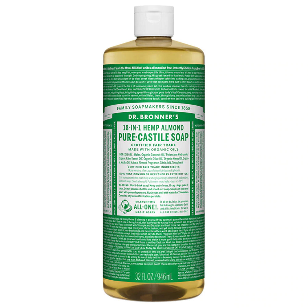 Dr. Bronner's Organic Almond Pure Castile Liquid Soap - 32oz Bottle for Body, Face & Hair | Vegan, Cruelty-Free | Perfect for Showering, Bathing & Household Cleaning