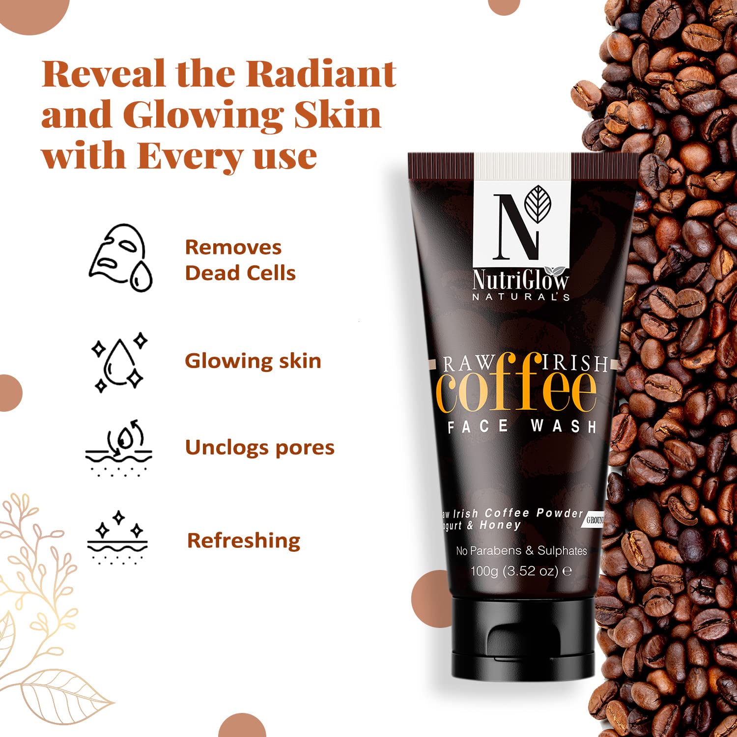 NutriGlow Natural Coffee Face Cleanser with Yogurt & Honey - Deep Cleansing Blackhead Remover & Exfoliating Face Wash for Acne Prone Skin (100g) | Gentle Daily Skincare for Women & Men | Perfect for Morning & Night Routine