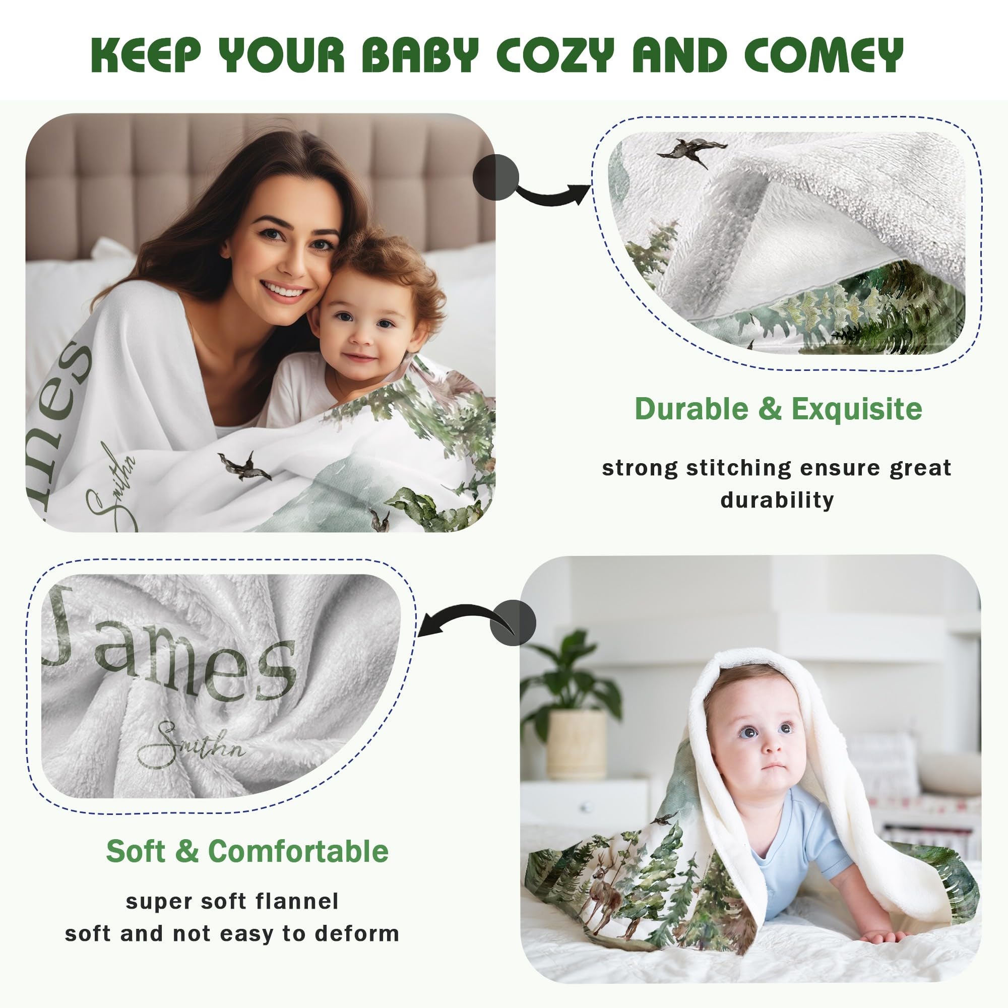 Personalized Woodland Baby Blanket with Name - Custom Embroidered Blanket for Boys & Girls - Newborn Gift Set for Baby Shower, Birthday & Christmas - Perfect for Nursery, Stroller & Photo Shoots