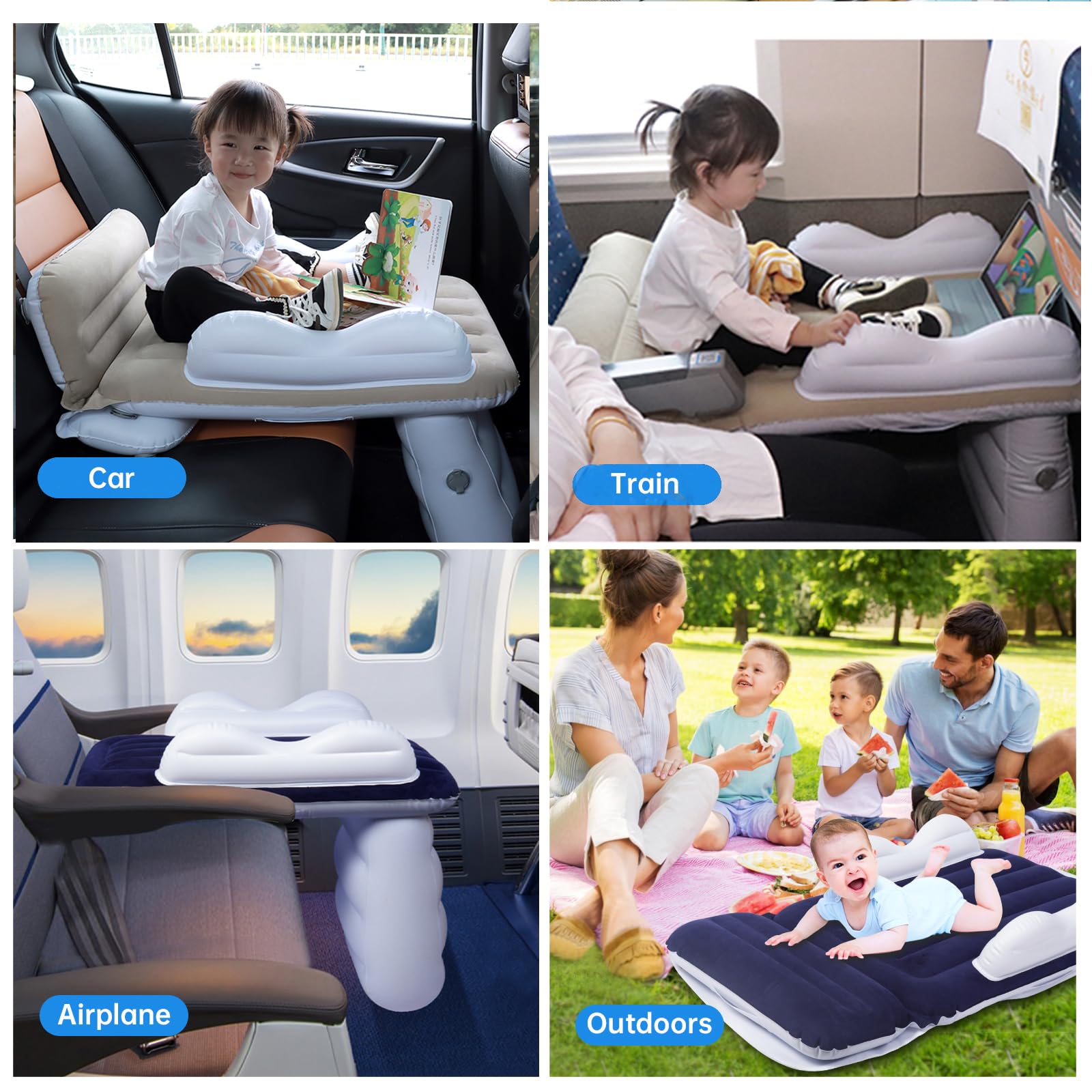 Inflatable Toddler Travel Bed - Portable Airplane Bed for Kids with Handpump & Safety Belt | Grey | Compact Travel Crib & Baby Seat Extender | Perfect for Air Travel, Road Trips & Sleepovers