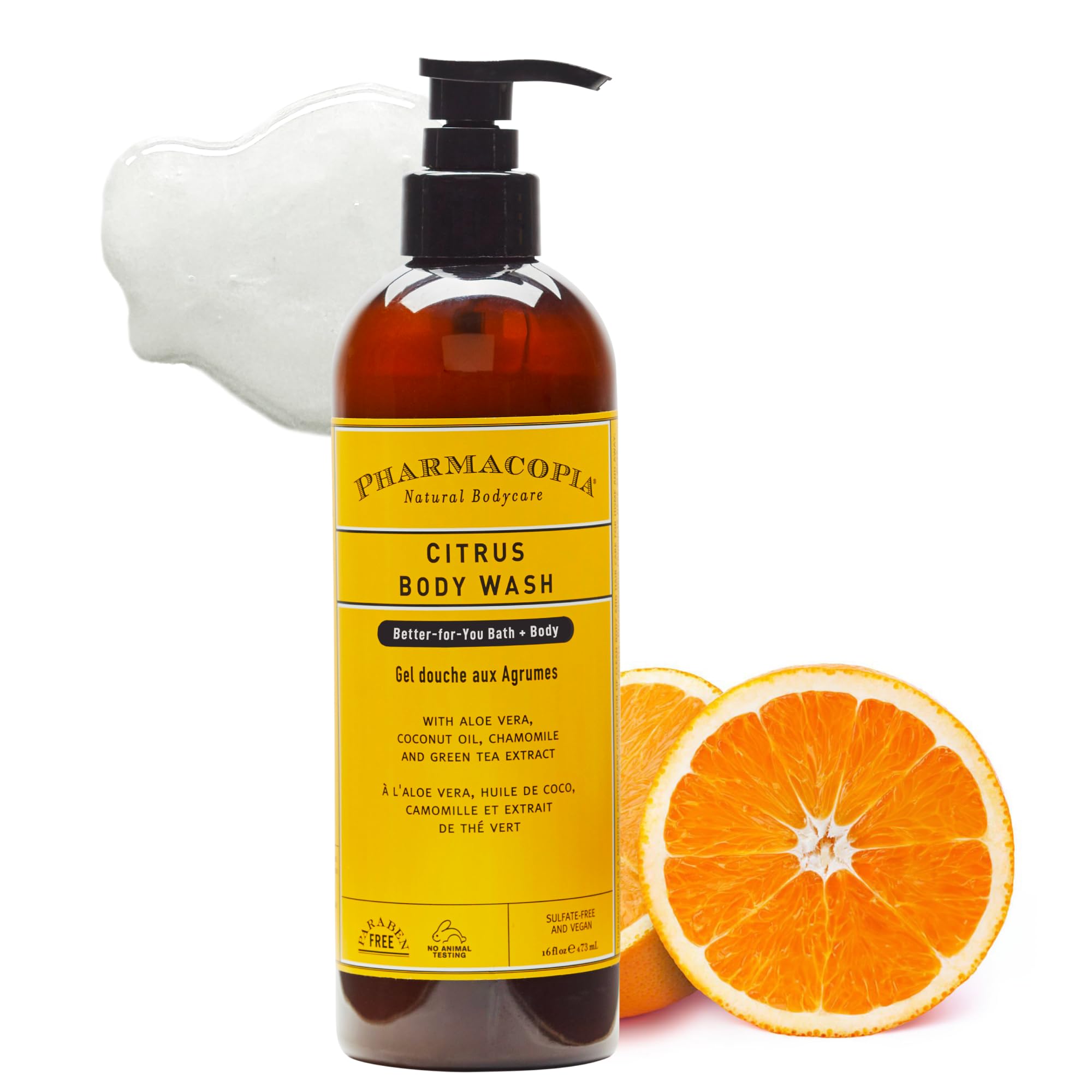 Pharmacopia Citrus Body Wash - Natural Moisturizing Shower Gel with Organic Aloe Vera, Coconut Oil & Green Tea Extract - Vegan Cruelty-Free Body Cleanser (16 oz) for Dry Skin & Daily Hydration - Perfect for Sensitive Skin & Eco-Conscious Shoppers