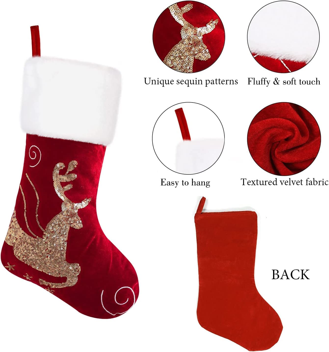 4-Pack Gold Sequins Burgundy Red Velvet Christmas Stockings Set with Snowflake Reindeer Holders - 18 Inch Holiday Decor for Fireplace Mantel, Xmas Tree, Gift Bags & Festive Home Decorations