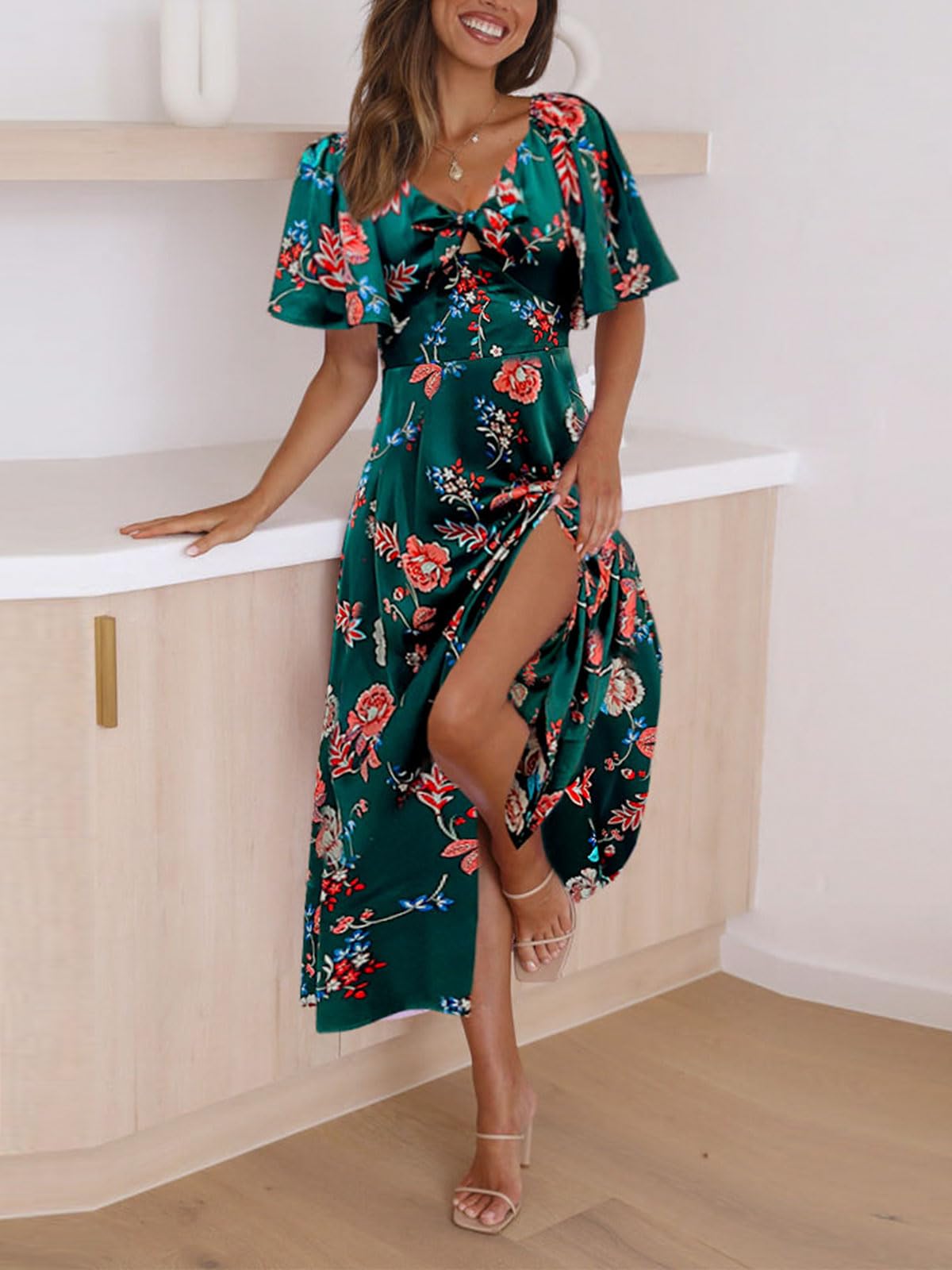Fashionme Women's Summer Maxi Dress 2025 - Elegant Deep V Neck, Bow Tie Front, Cap Sleeve Floral Satin Smocked Dress for Beach, Wedding & Special Occasions