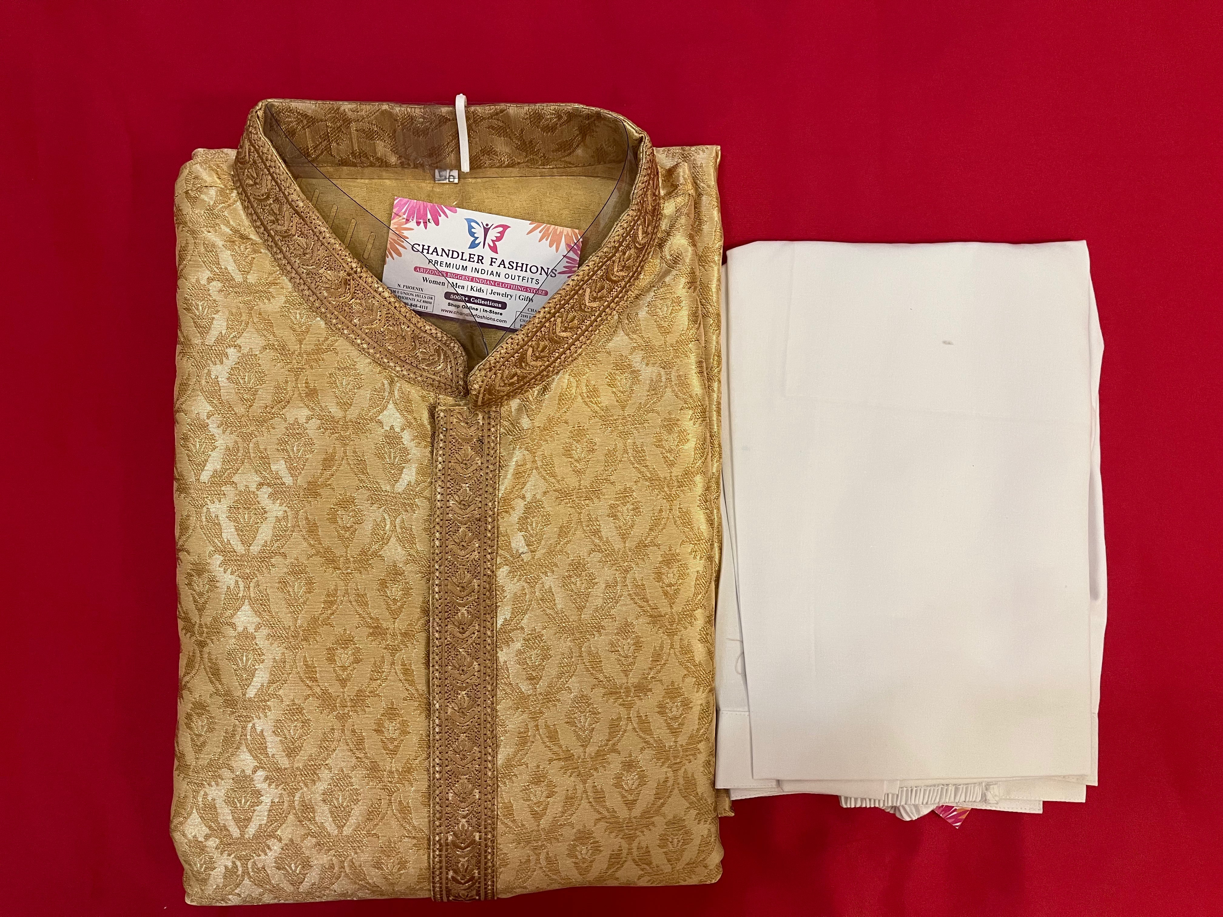 Elegant Dark Gold Zari Brocade Embroidered Kurta Pajama Set for Men | Traditional Indian Ethnic Wear | Perfect for Weddings, Festivals & Special Occasions
