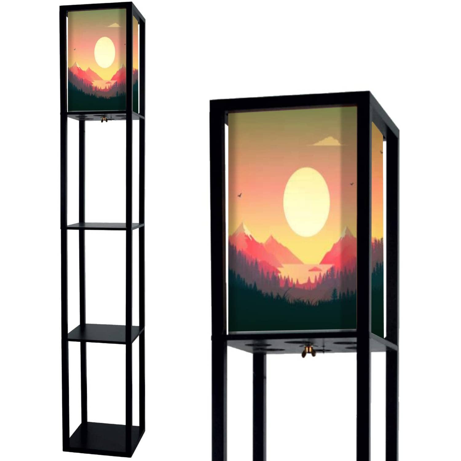Sunset Stock Standing Floor Lamp with Shelves & Flaxen Fabric Shade - Tall Corner Lamp for Living Room, Bedroom, Office - Perfect for Reading, Relaxation & Aesthetic Home Decor