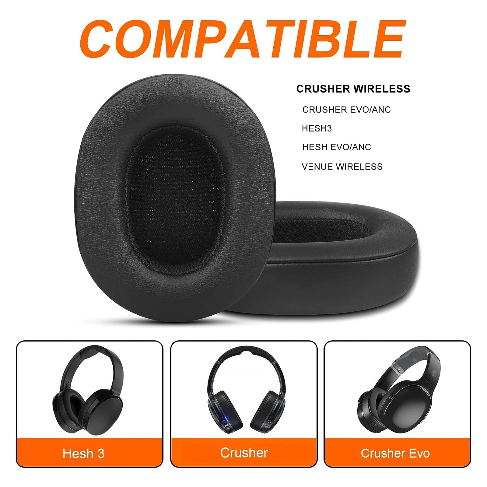 Premium Replacement Ear Pads for Skullcandy Crusher Wireless, ANC/EVO, Hesh ANC/EVO & Hesh 3 Wireless Headphones - Also Compatible with Venue Wireless ANC - Soft Leather Fabric Cushions for Comfort & Durability - Perfect for Gaming, Music & Travel
