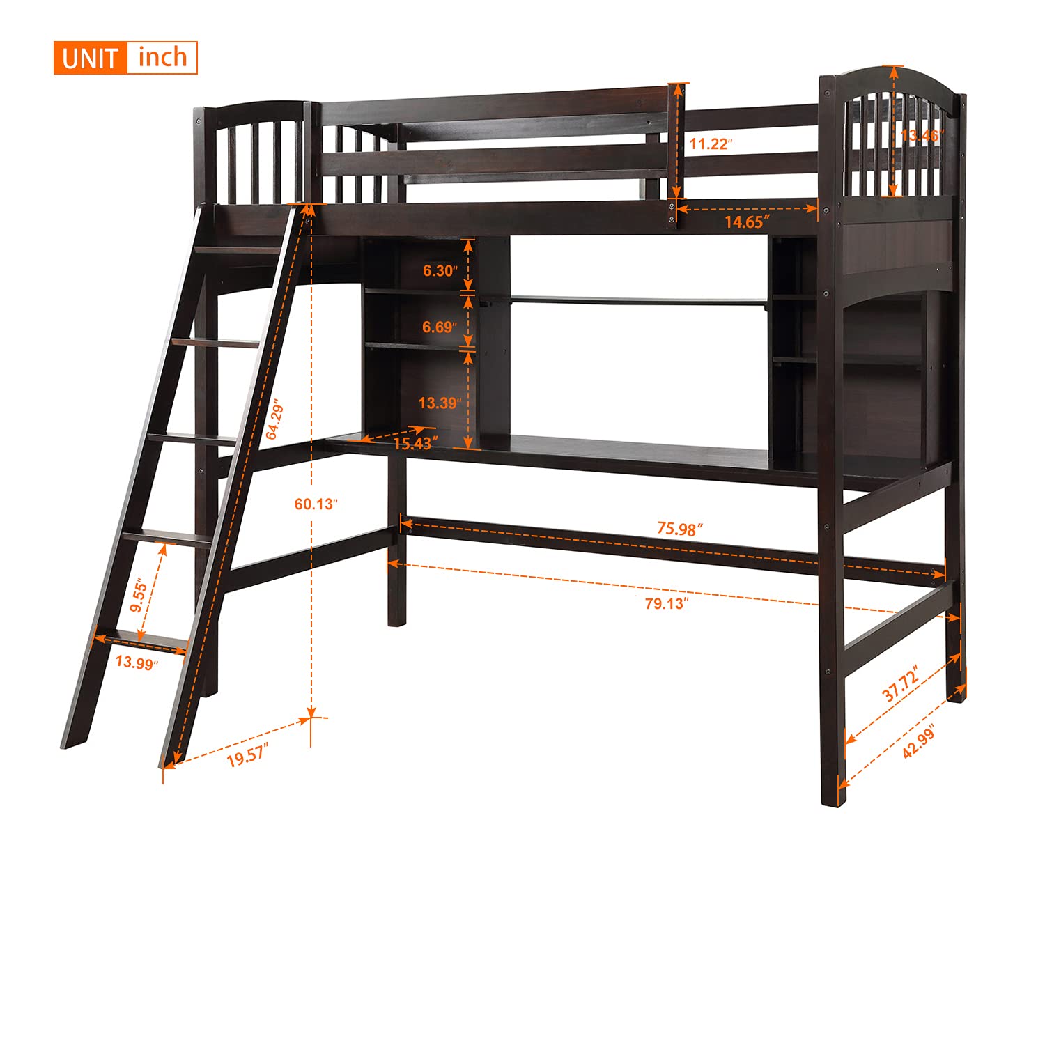 Harper & Bright Designs Twin Loft Bed with Desk & Storage Shelves - Wooden Space-Saving Loft Bed for Kids, Teens & Adults - Twin Size Espresso - Perfect for Small Bedrooms, Dorms & Studio Apartments