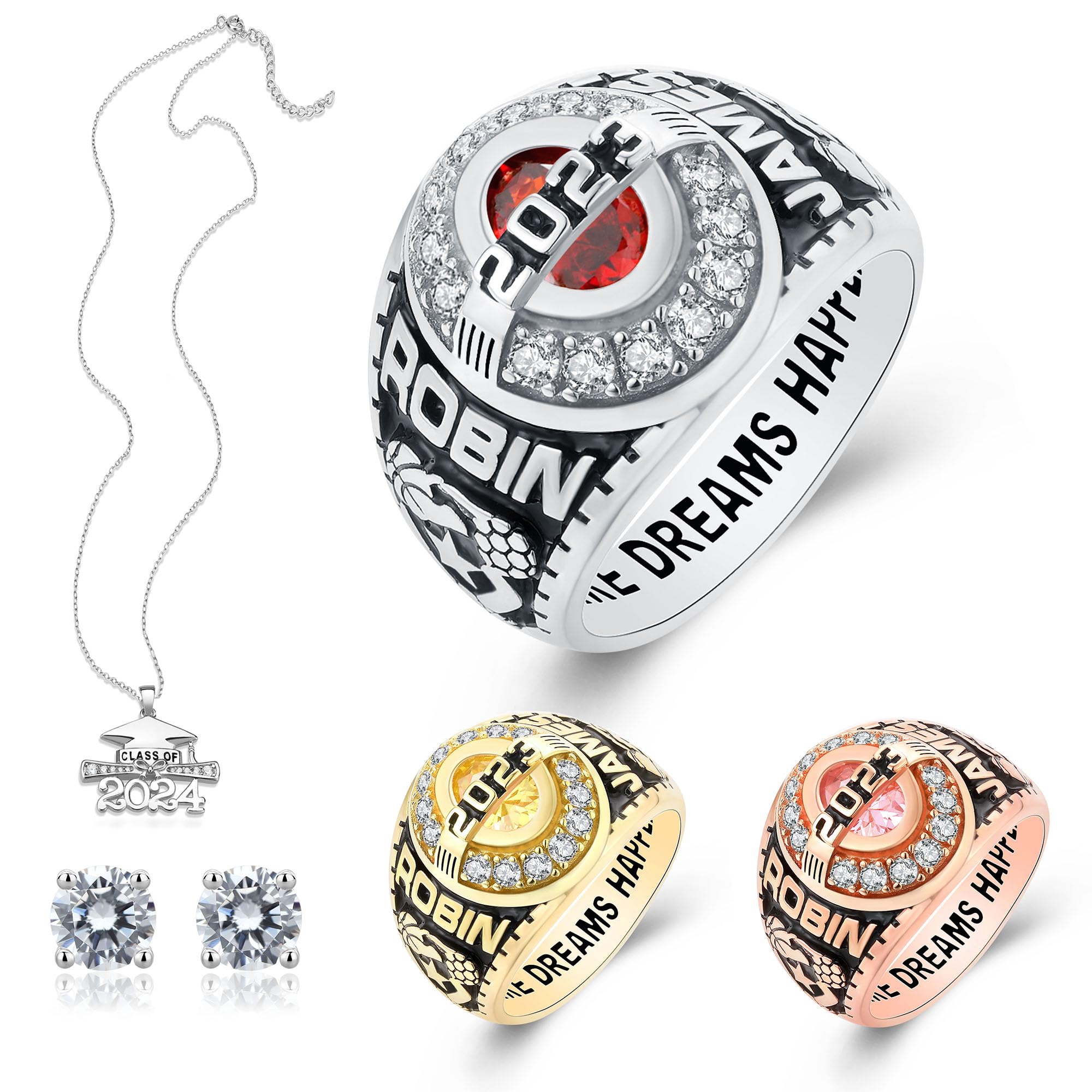 Custom Personalized Sterling Silver Class Rings for Women & Men - High School & College Rings with Cubic Zirconia & Birthstones - Gold Plated Size 5-15 - Perfect for Graduation Gifts, Anniversary Presents & School Spirit Jewelry