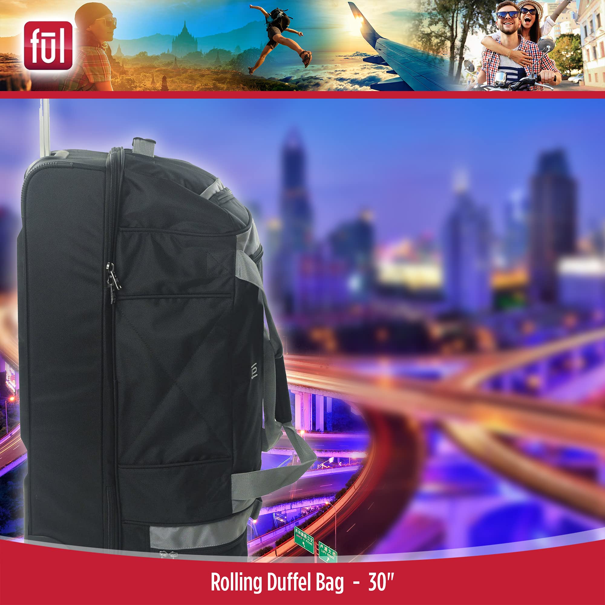 FUL Rig 30 Inch Rolling Duffel Bag - Large Wheeled Travel Luggage for Airplane, Cruise & Business Trips - Durable Spinner Suitcase with Smooth Wheels