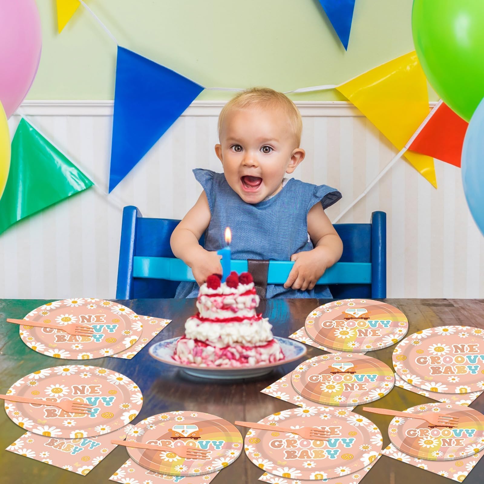 96PCS Groovy Birthday Party Decorations Set - Daisy Flower Hippie Themed Paper Plates & Napkins for Girls, 1st Birthday, Baby Shower, Boho Tableware Supplies | Perfect for Retro Themed Parties, Newborn Celebrations & Hippie-Inspired Events