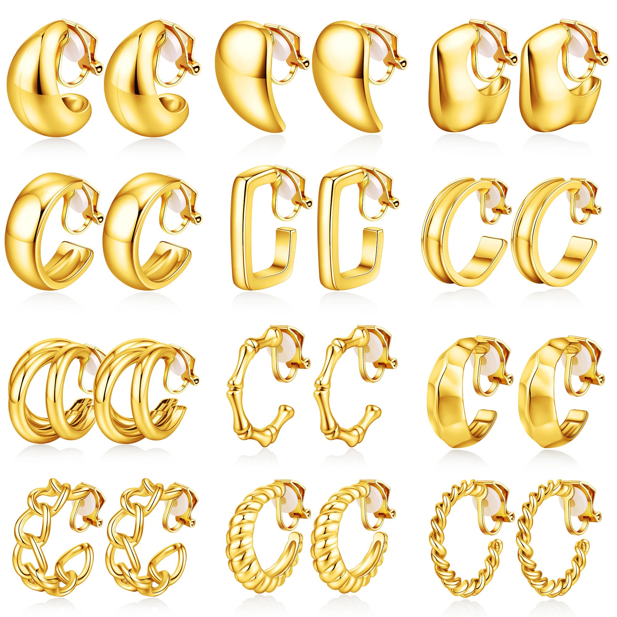 WAINIS 14K Gold Tone Clip on Earrings for Women - Chunky Hoop Earrings Non-Pierced Fake Jewelry - Perfect for Parties, Weddings & Everyday Wear