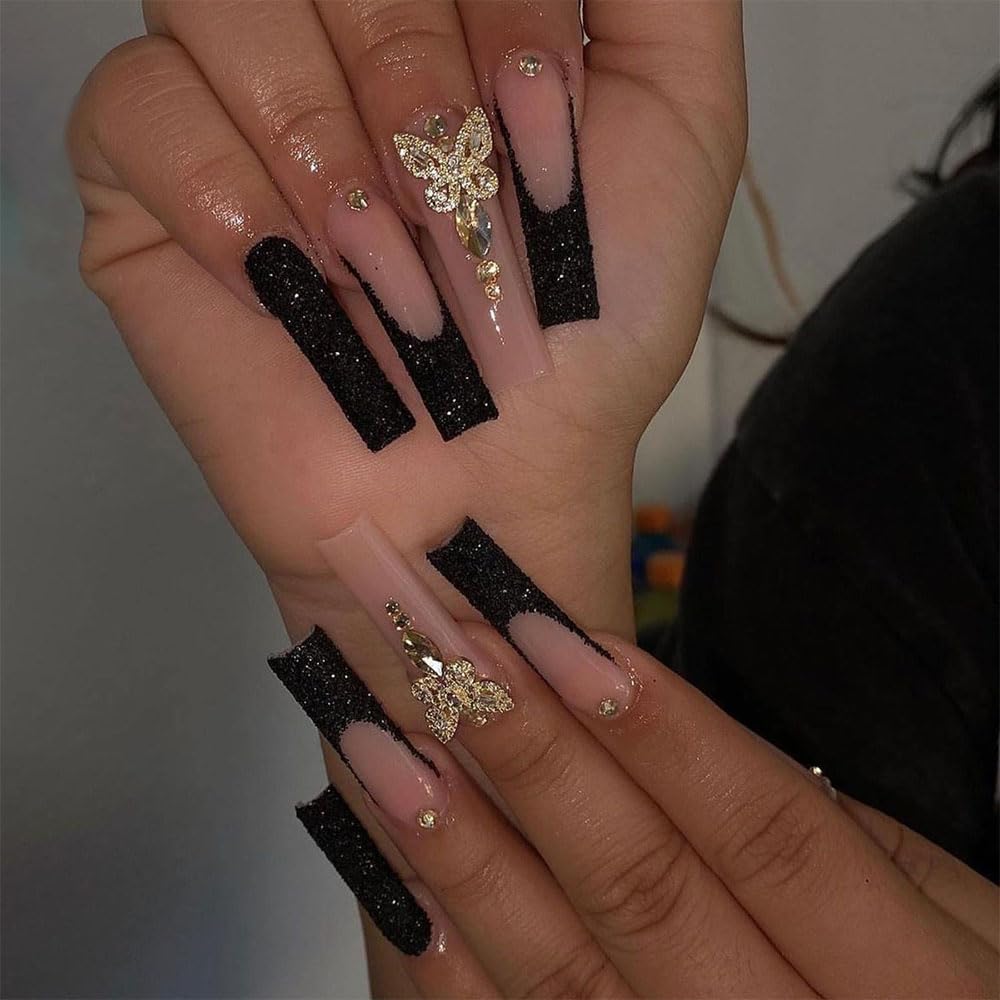 3D Butterfly Rhinestones Press on Nails - Long Coffin French Tips Black Fake Nails with Gel Glue - 24Pcs Acrylic False Stick on Nails for Women - Perfect for Wedding, Party & Special Occasion Manicure Decorations