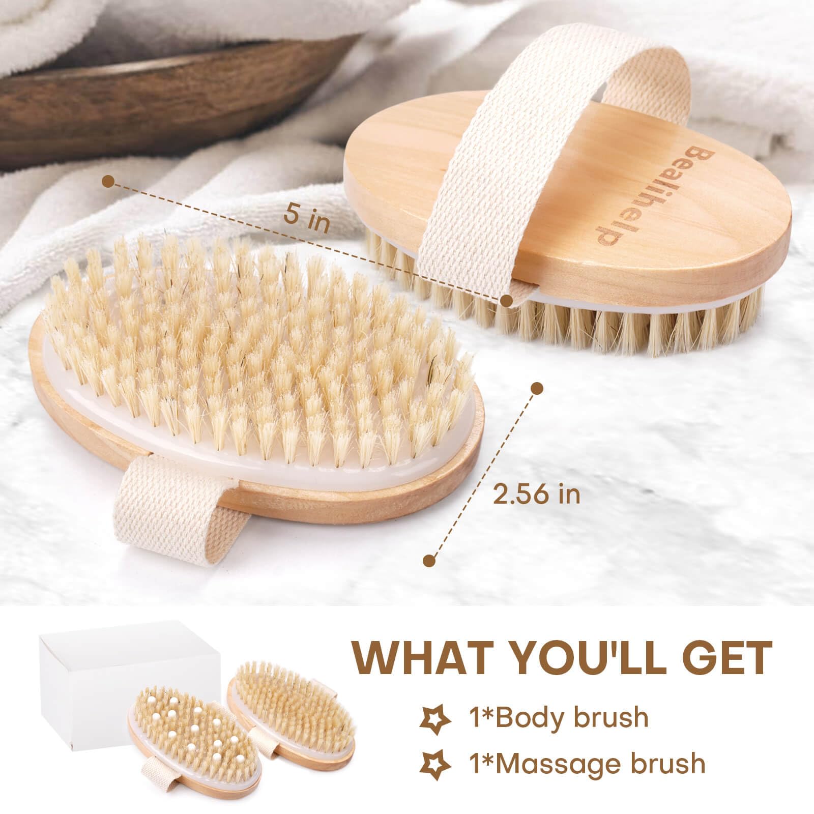 2 Pack Dry Body Brush for Lymphatic Drainage & Cellulite - Exfoliating Skin Care for Healthy Glow at Home Spa