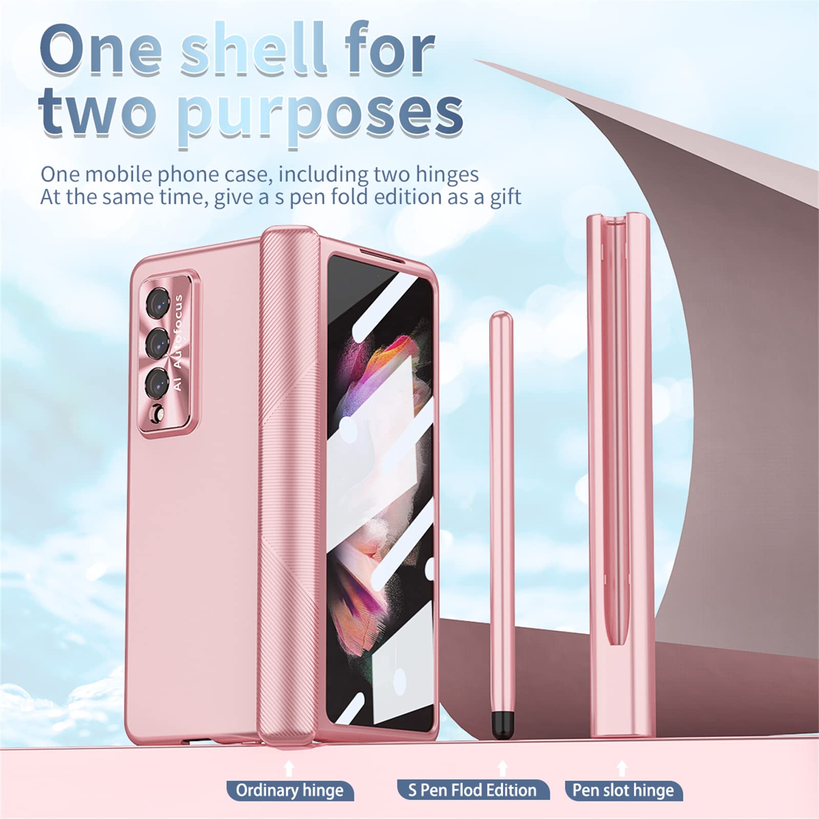 Premium 4-in-1 Magnetic Hinge Protection Case for Samsung Galaxy Z Fold 3 5G - Includes S Pen Holder & Replacement S Pen (Pink) | Shockproof Cover for Work, Travel & Everyday Use